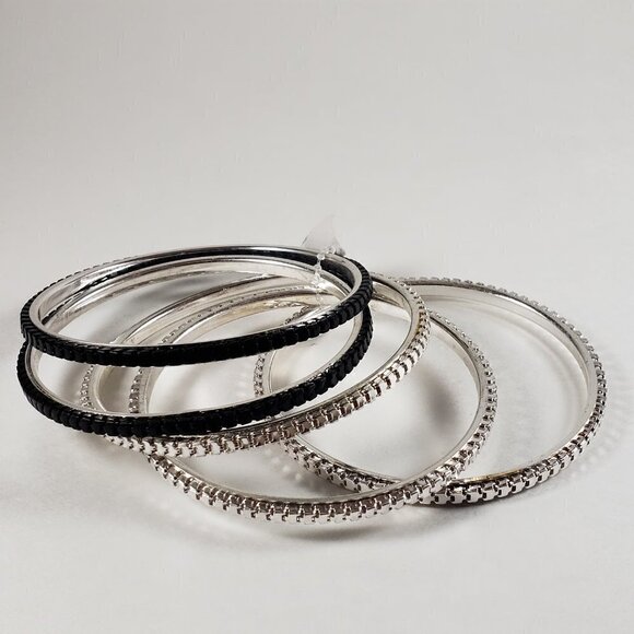 Set of 5 Dainty Silver-tone & Black Bangle Bracelets for Women - Fashion Jewelry - Picture 6 of 8